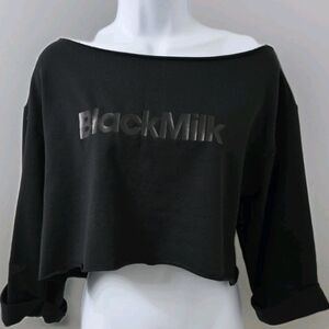 BlackMilk Off-Shoulder Flashdance Black Crop Sweatshirt--limited